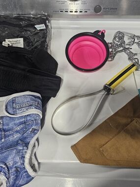Dog Lot 6 Female Diapers Water Bowl Grooming Brush Bandana And 2 Sweaters